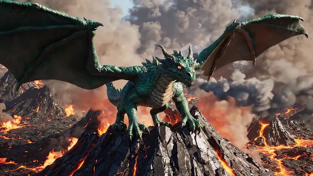 Epic Green Dragon in Volcanic Eruption, Fantasy Fire Dragon Standing on Lava Mountain with Smoke and Flames, Cinematic 3D Render of Mythical Creature in Apocalyptic Landscape