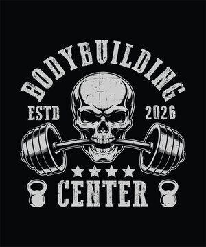 Bodybuilding Center Skull Barbell Vintage Gym Logo Style T-Shirt Design