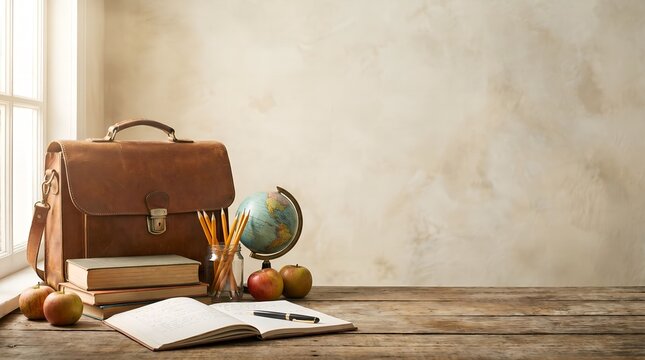 Vintage leather satchel, books, pencils, globe, and apples on a wooden desk by a window