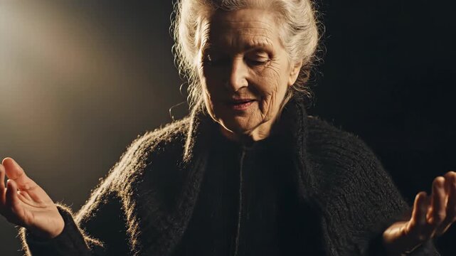 Senior caucasian woman in dark clothing praying or meditating, hands clasped and then open, with peaceful expression for religious devotion