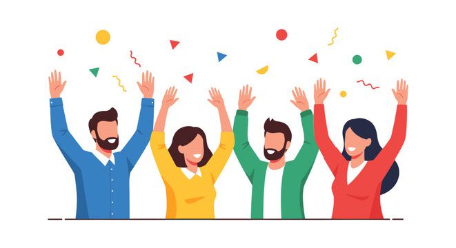 Group of four diverse people celebrating with confetti and raised hands