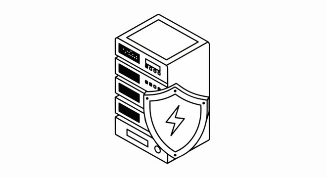Isometric Line Art Icon of Secure Server Rack with Protection Shield and Lightning Bolt Symbol for Cybersecurity and Data Safety