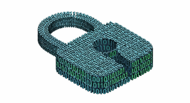 Digital Security Padlock Icon Made of Binary Code 0 and 1, Cyber Data Protection and Information Encryption Concept on White Background