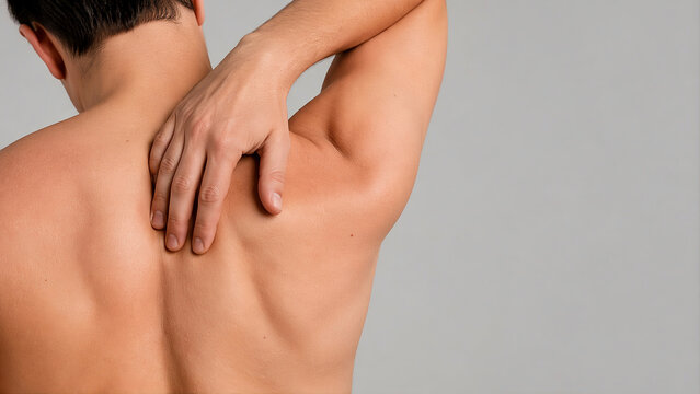 Adult patient touching upper back/scapular region with one hand, posterior shoulder and medial scapular discomfort suggesting nerve compression from tight scapular muscles