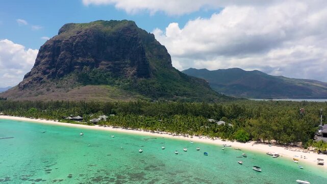Tropical beach scenery, vacation in paradise island Mauritius. Dream exotic island, tropical paradise. Best beaches of Mauritius island, luxury resorts of Mauritius, Indian Ocean, Africa.