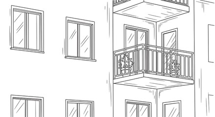 Fototapeta premium Building exterior with balcony and windows.