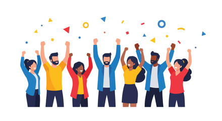 Obraz premium Celebrating diverse group of people with confetti and raised hands