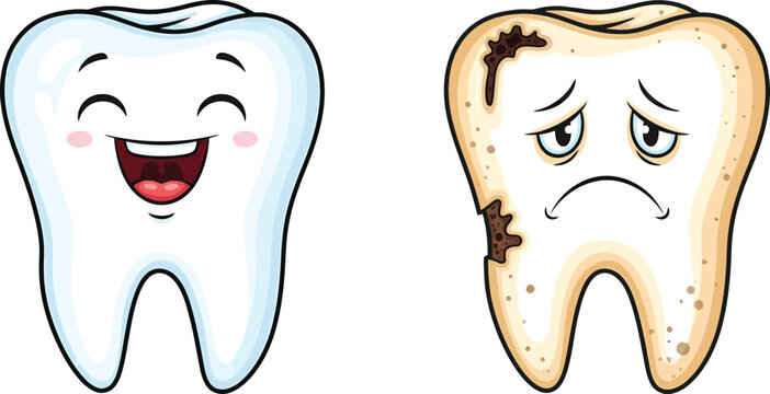 A cartoon comparison of a healthy, happy white tooth next to a decayed, sad yellow tooth with cavities.