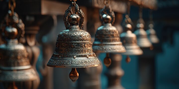 Sacred Ritual of Jain Temple Bells Ringing Close View in Serene Environment Cultural Moment Captured Spiritual Atmosphere Tranquil Setting