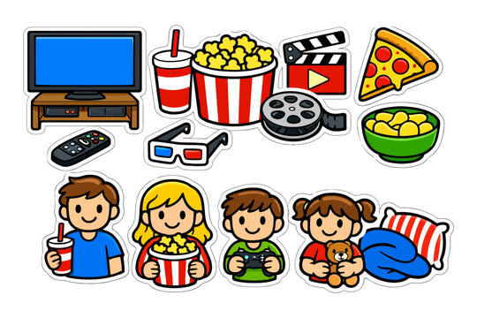 Cartoon family movie night with popcorn and snacks.