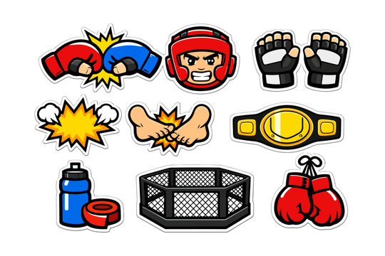 Colorful cartoon mixed martial arts icons with boxing gloves, mma cage, and champion belt.
