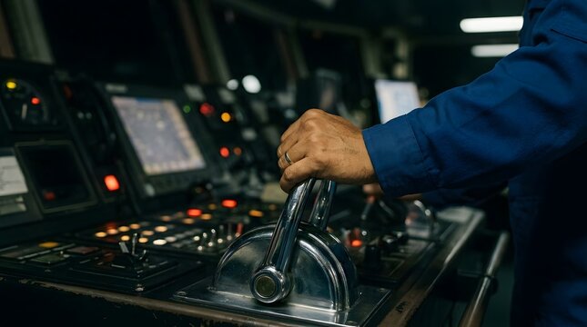 Close up of hand on ship throttle lever in dark control room bridge at night with glowing screens