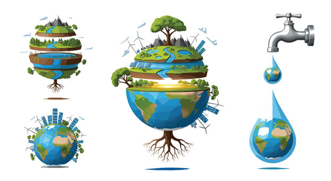 Cartoon Style Green Earth Globe with Trees, Wind Turbines, City, and Water Tap Drop Representing Ecology and Environmental Conservation Concept
Cartoon Style Green Earth Globe with Trees, Wind 