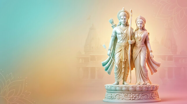 White stone carving of shree ram and devi sita with temple backdrop for sita navami religious worship and hindu festival puja banner for your website