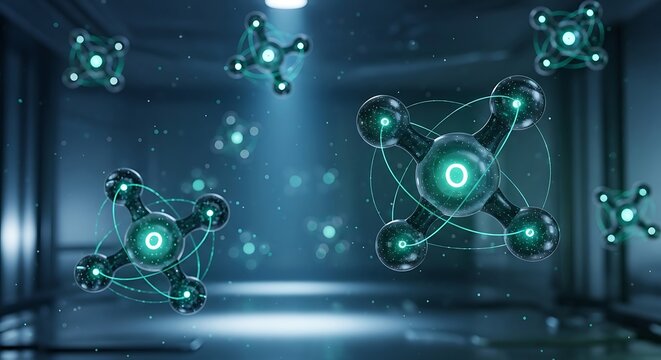 Futuristic atoms floating in dark room.