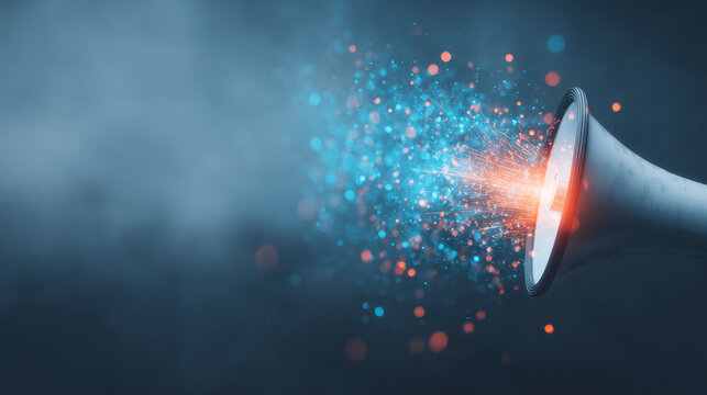 A megaphone releasing digital particles representing online communication, media amplification, and modern marketing outreach concept.
