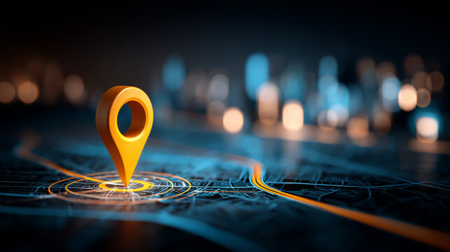 A glowing location pin on a digital map representing navigation, geolocation services, and smart route planning concept.
