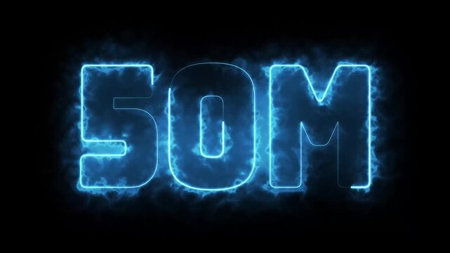 4K looping &ldquo;50M&rdquo; neon sign animation with luminous glow, ideal for milestone, followers count, views, and digital achievements. &ldquo;50M&rdquo; neon text animation with glowing light and shimmering haze effect