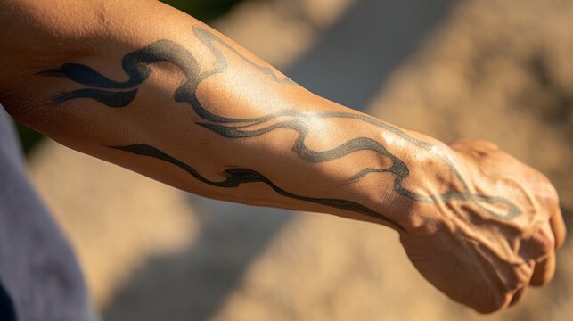 Close-up of a tattooed arm with tribal designs in sunlight.