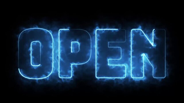 4K looping &ldquo;Open&rdquo; neon sign animation with blue electric glow, perfect for shops, cafes, hotels, websites, and promotional screens.