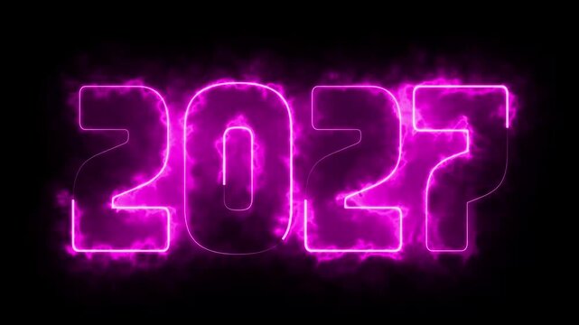 4K looping &ldquo;2027&rdquo; neon sign animation with luminous glow, ideal for celebrations, countdowns, and digital screens. Happy New Year concept.
