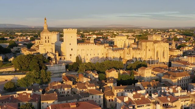 View of Avignon with Palais des Papes during sunset in Southern France. Medieval architecture along the Rhone River in Avignon, Provence, France. The Palais des Papes in Avignon, South France.