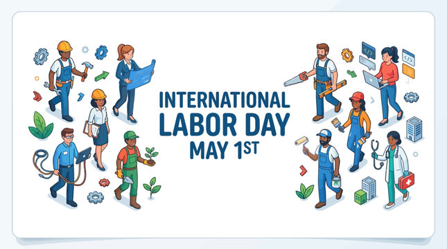 International Labor Day May 1st Vector Illustration on a Banner with Diverse Workers