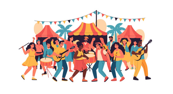 Vibrant festival crowd dancing with musical instruments outdoors