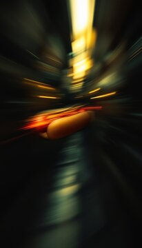 Abstract blurry scene of light and shadow with a hotdog shape, conveying surrealism.
