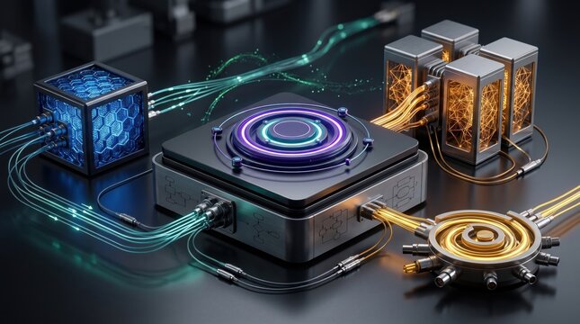 Futuristic data processing units connected by glowing fiber optic cables and complex circuitry