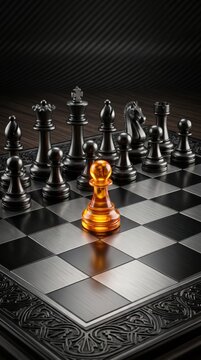 An amber pawn stands alone on a chess board surrounded by black pieces high detail