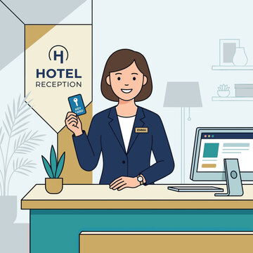 Hotel Receptionist In Garden On Computer With Desk