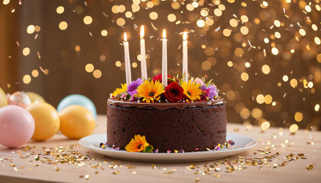 Schokoladentorte mit echten Blumen und brennenden Kerzen