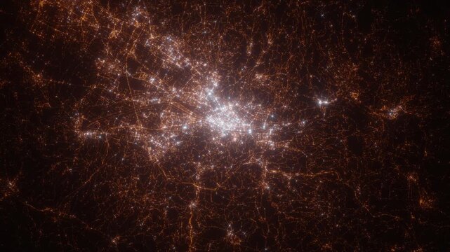 Florence (Italy) aerial view at night. View on modern city from space. Camera is zooming in, rotating counterclockwise