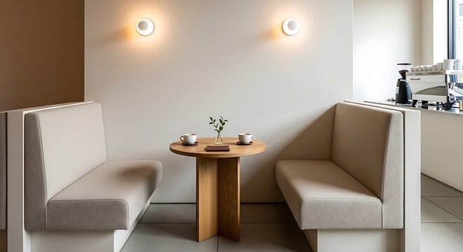 Cozy minimalist cafe interior with upholstered booths and a wooden table.