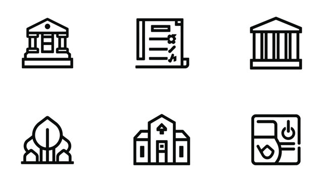Iconic Landmarks and Government Symbols: A concise collection of line art icons depicting various government buildings and significant structures.