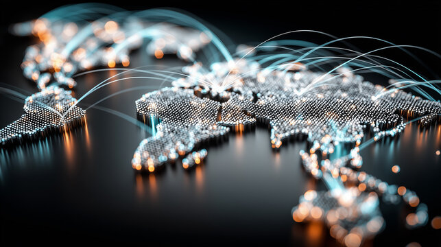 A dotted world map with connecting arcs representing global communication, international data exchange, and cross border digital networks concept.
