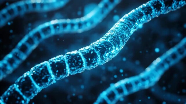 Blue microscopic structure for cell biology research. Detailed visualization of microorganism, bacteria, or DNA strand in medical science.