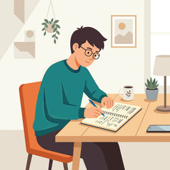 Fototapeta premium Man Writing In Notebook In Garden With Chair