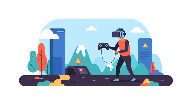 Person wearing VR headset and holding controllers in futuristic cityscape