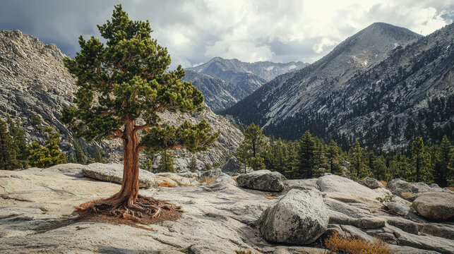 A lone juniper tree with exposed roots stands on a rocky outcrop, overlooking a vast mountain range under a dramatic, cloudy sky in the wilderness environment.