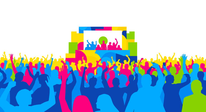Vibrant crowd at music festival with colorful silhouettes dancing