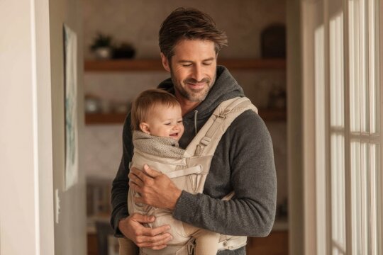 Father carries baby in a baby carrier while standing indoors during daytime in a cozy home setting