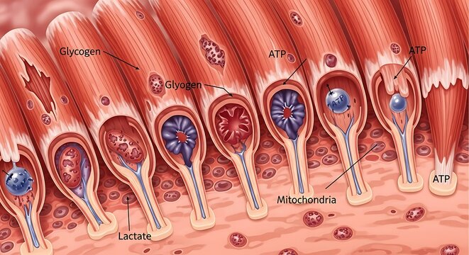 Detailed Illustration of Intestinal Villi with Nutrient Absorption Process.