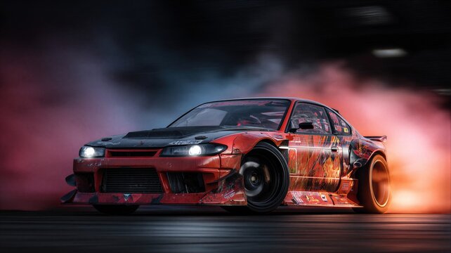 Red tuned sports car drifting on track. Street racing vehicle performing burnout with smoke. Custom modified drift car for professional motorsport competition and automotive subculture.
