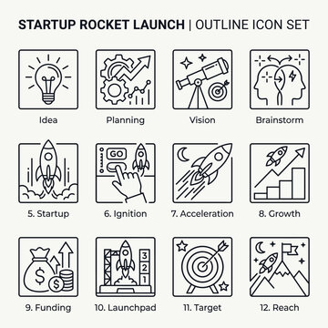 Startup Rocket Launch Outline Icon Set With Lightbulb