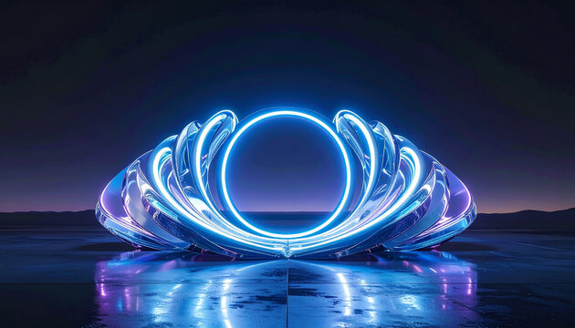 Abstract neon ring sculpture at night