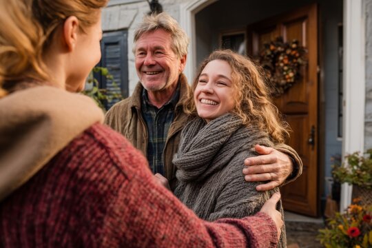Family members greet each other warmly during a visit at home in autumn season with outdoor decorations and smiles on their faces