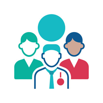 Stylized group of three people with teal, red, and blue colors teamwork collaboration community