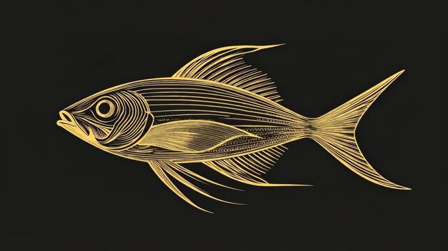 Fish swimming in a dark aquarium. Golden decorative art with ornate patterns. Abstract oceanic illustration with marine animal.